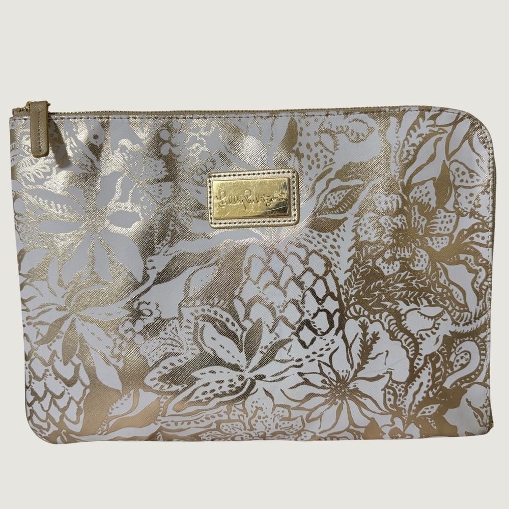 Lilly Pulitzer Tech Pouch Set & Small Zip Pouch in Gold Metallic Bon Vivants 13"